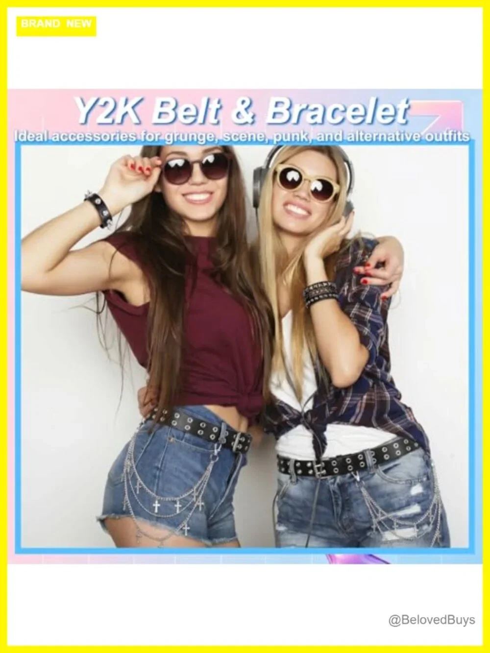 JATEBI 8Pc Studded PU Leather Belt Set Star Chain Y2K Punk